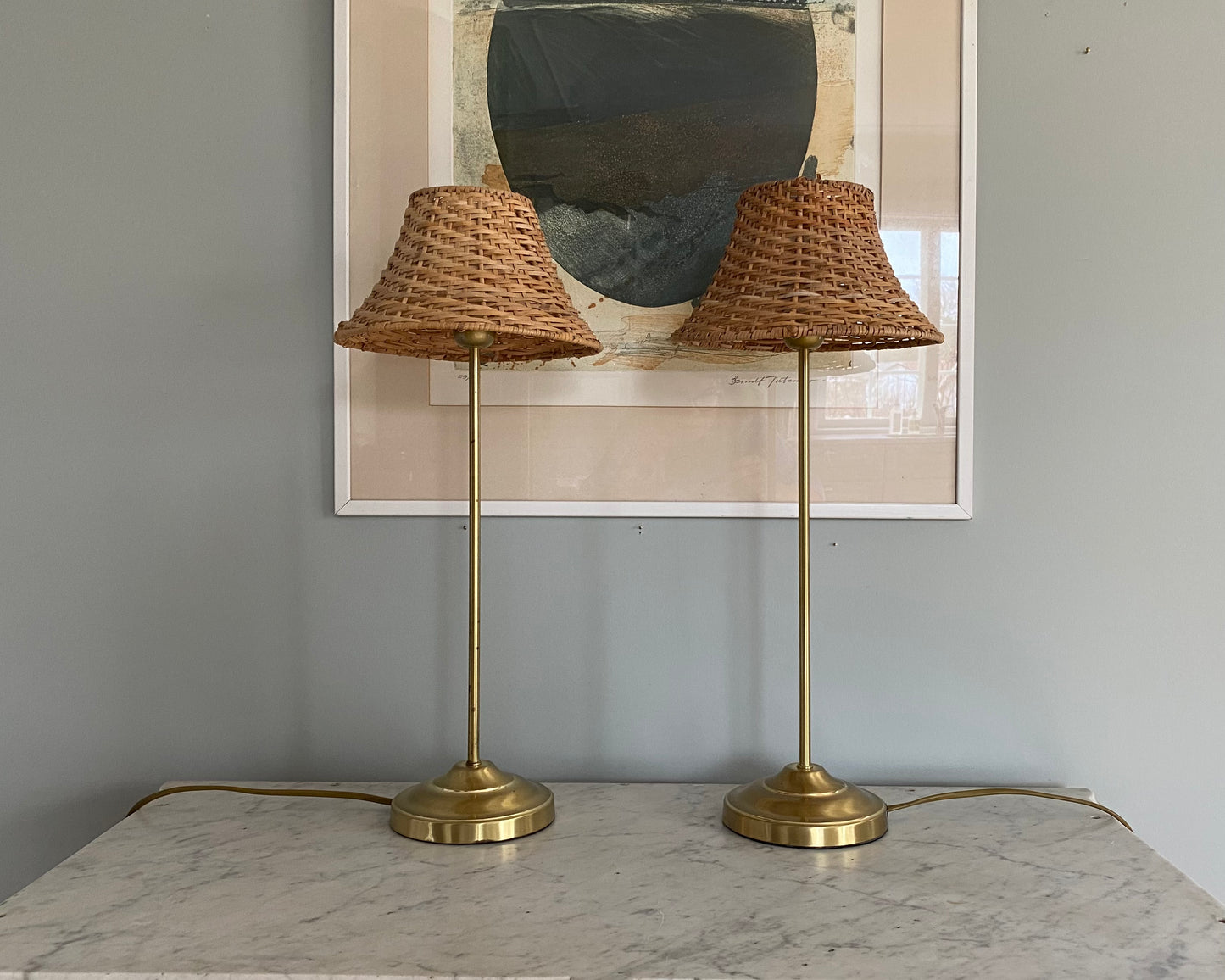 Pair of Brass Table Lamps with Rattan Shades