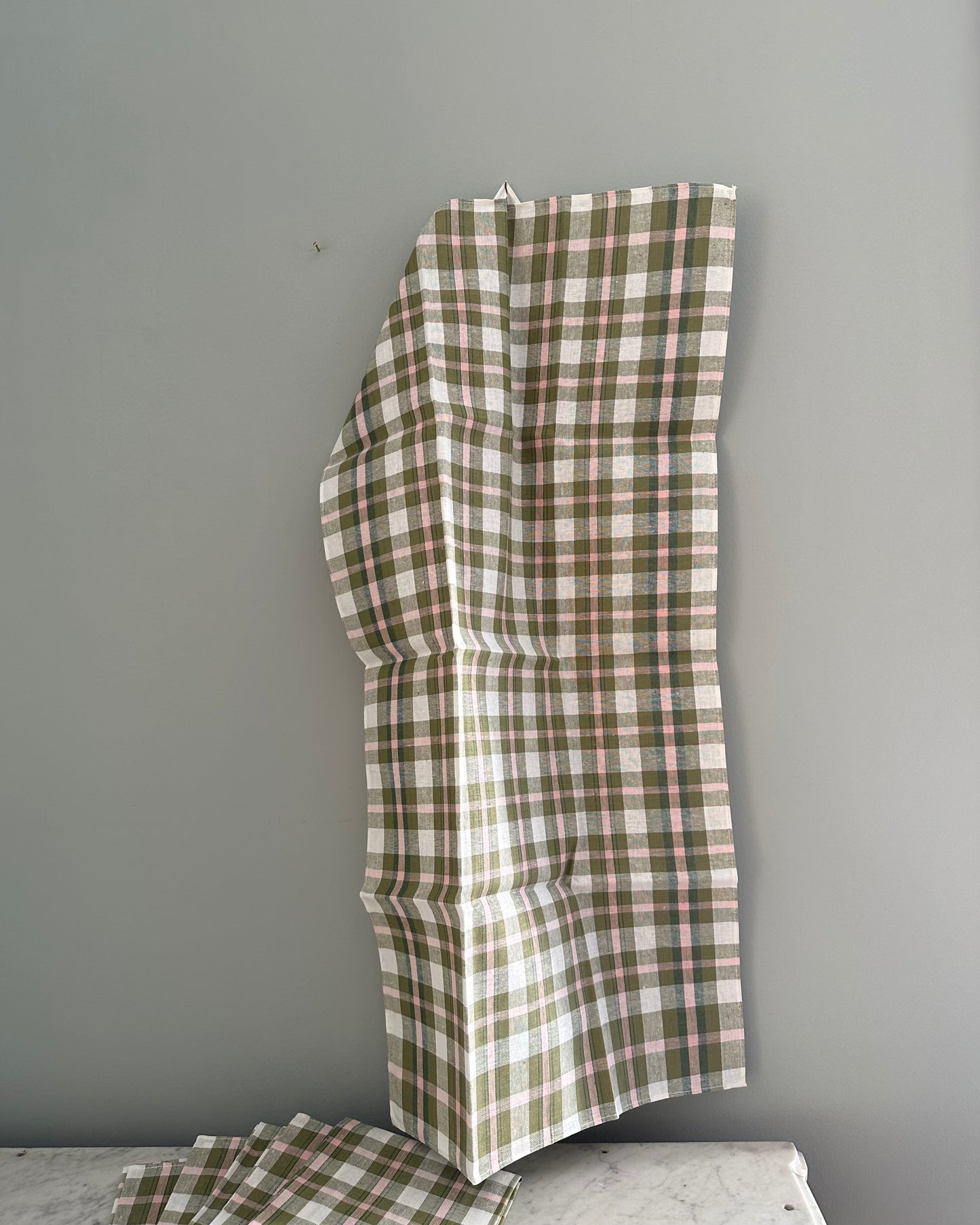 Set of Six Vintage Tea Towels - Pink & Green