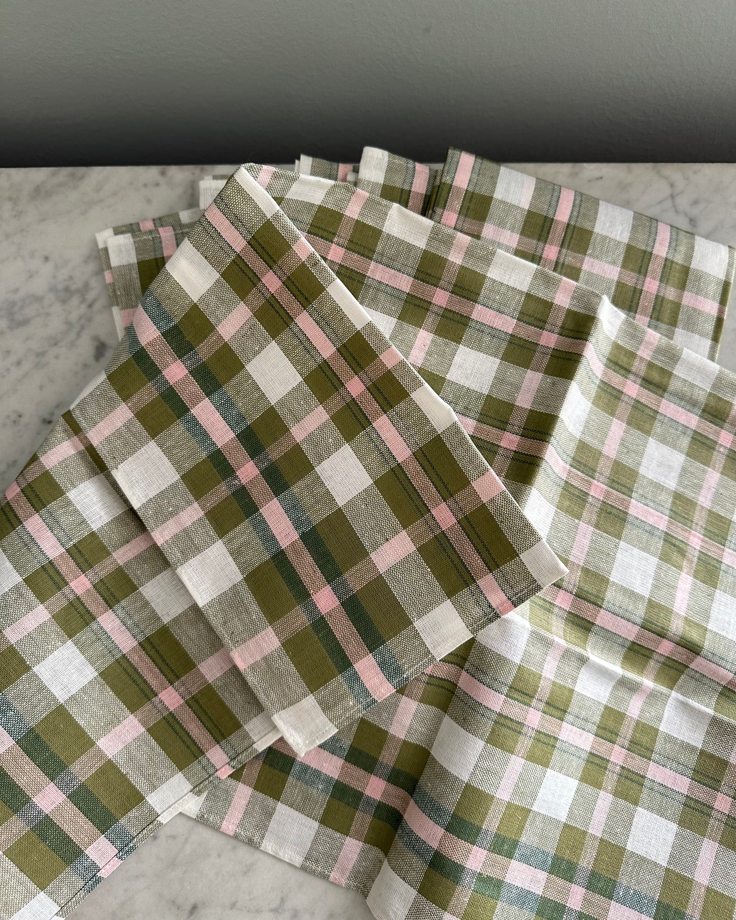 Set of Six Vintage Tea Towels - Pink & Green