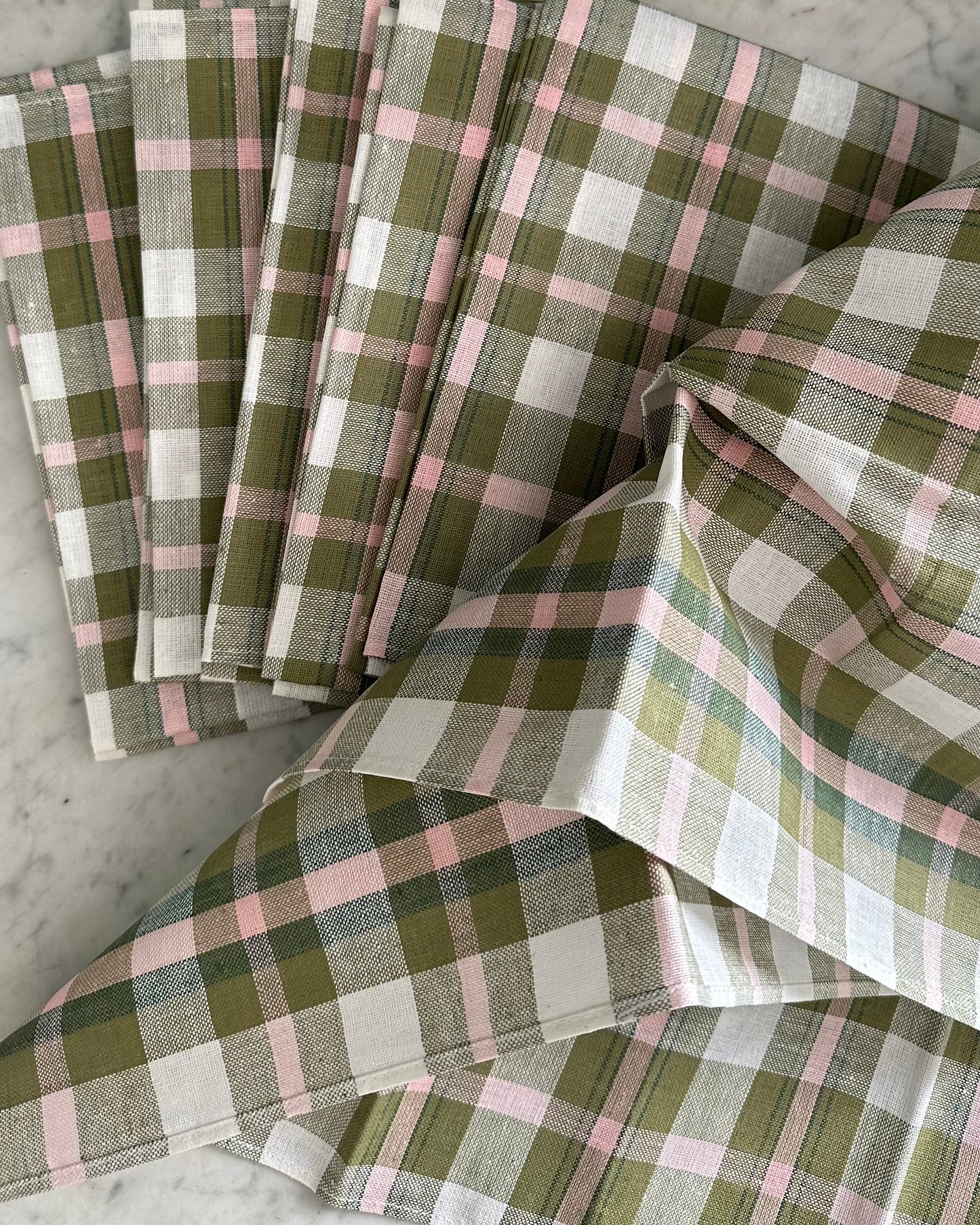 Set of Six Vintage Tea Towels - Pink & Green