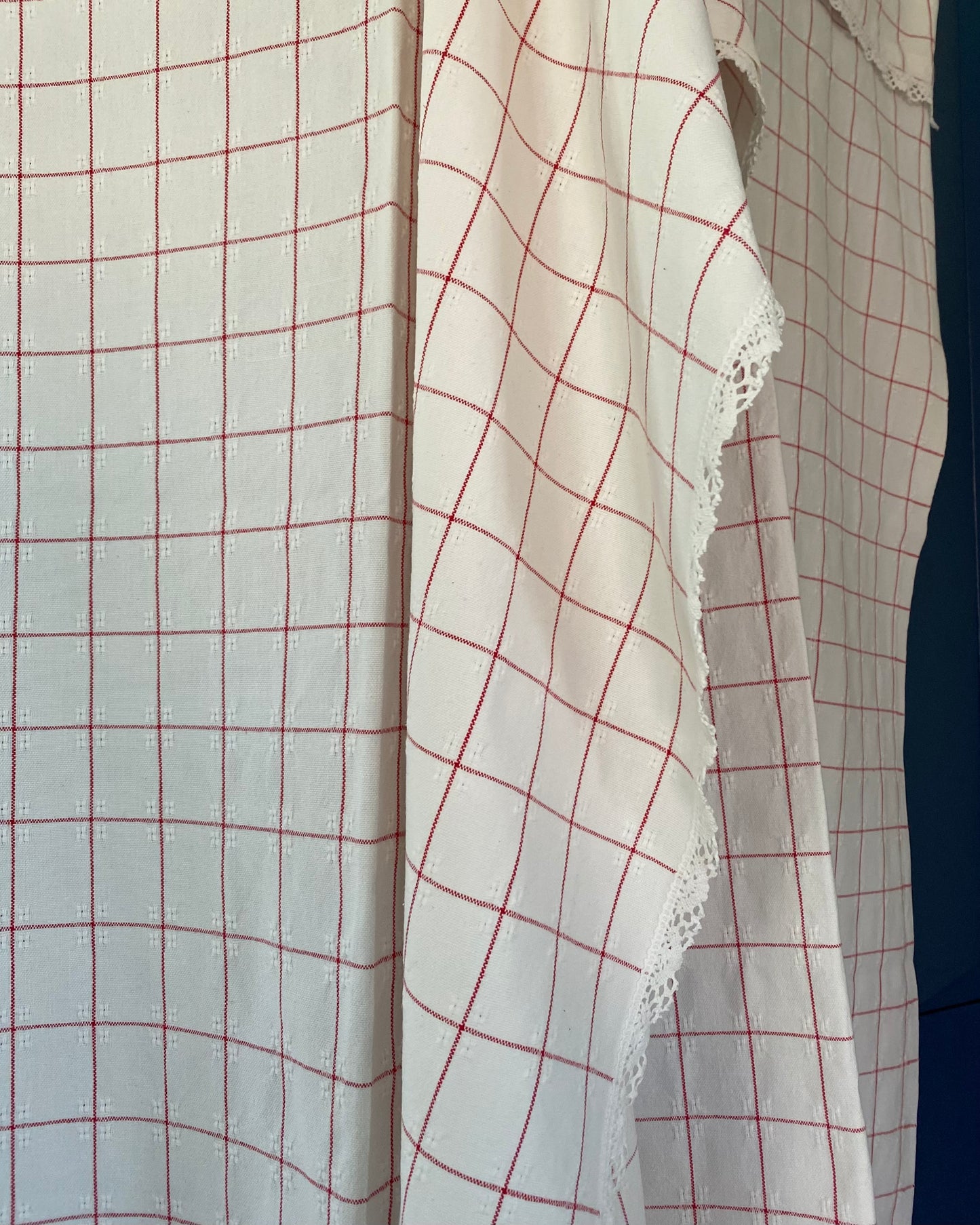 Pair of Vintage Checked Curtains in White and Red