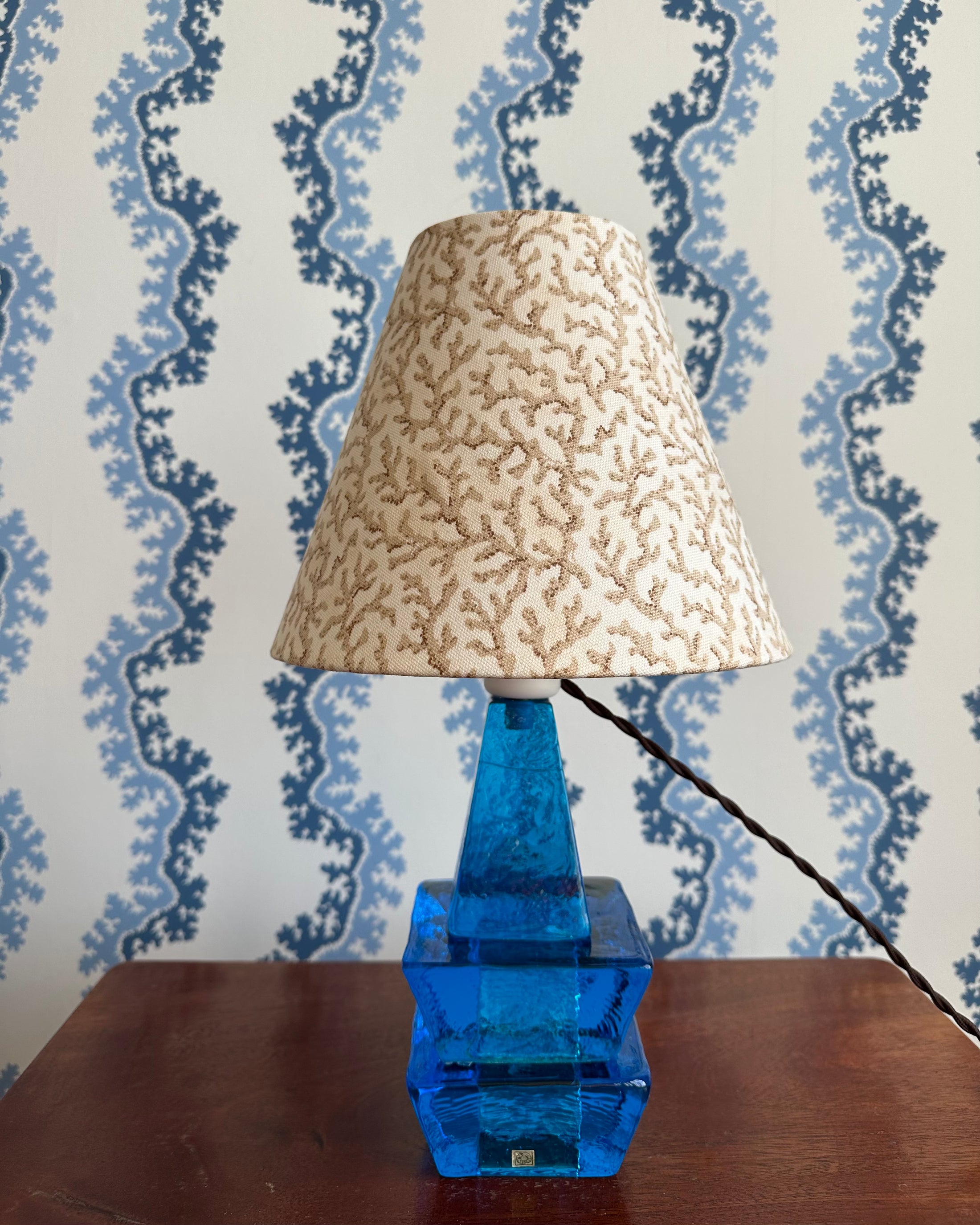 Blue Vintage Table Lamp with Handmade Shade