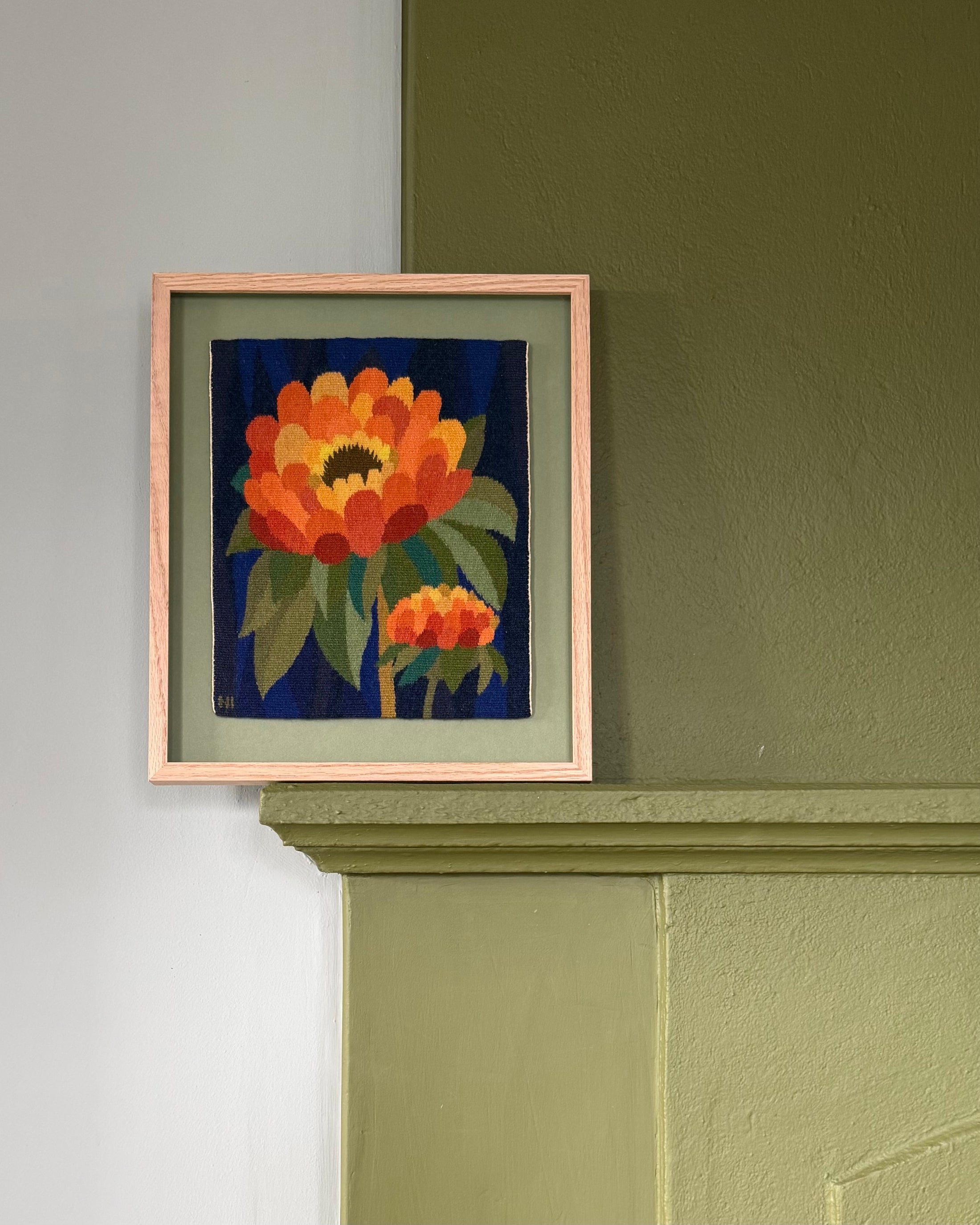 Framed Vintage Tapestry - Dahlia in Orange