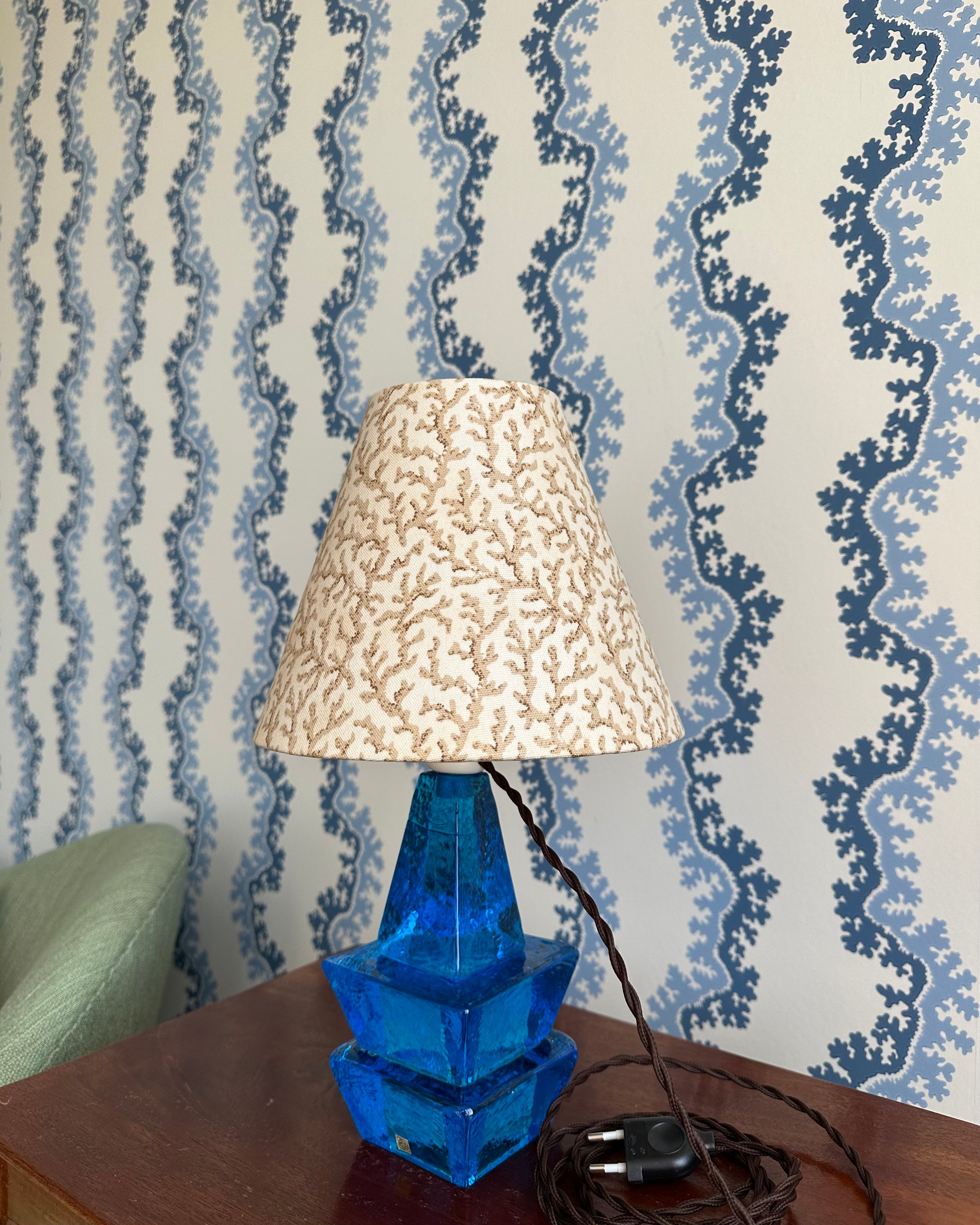 Blue Vintage Table Lamp with Handmade Shade