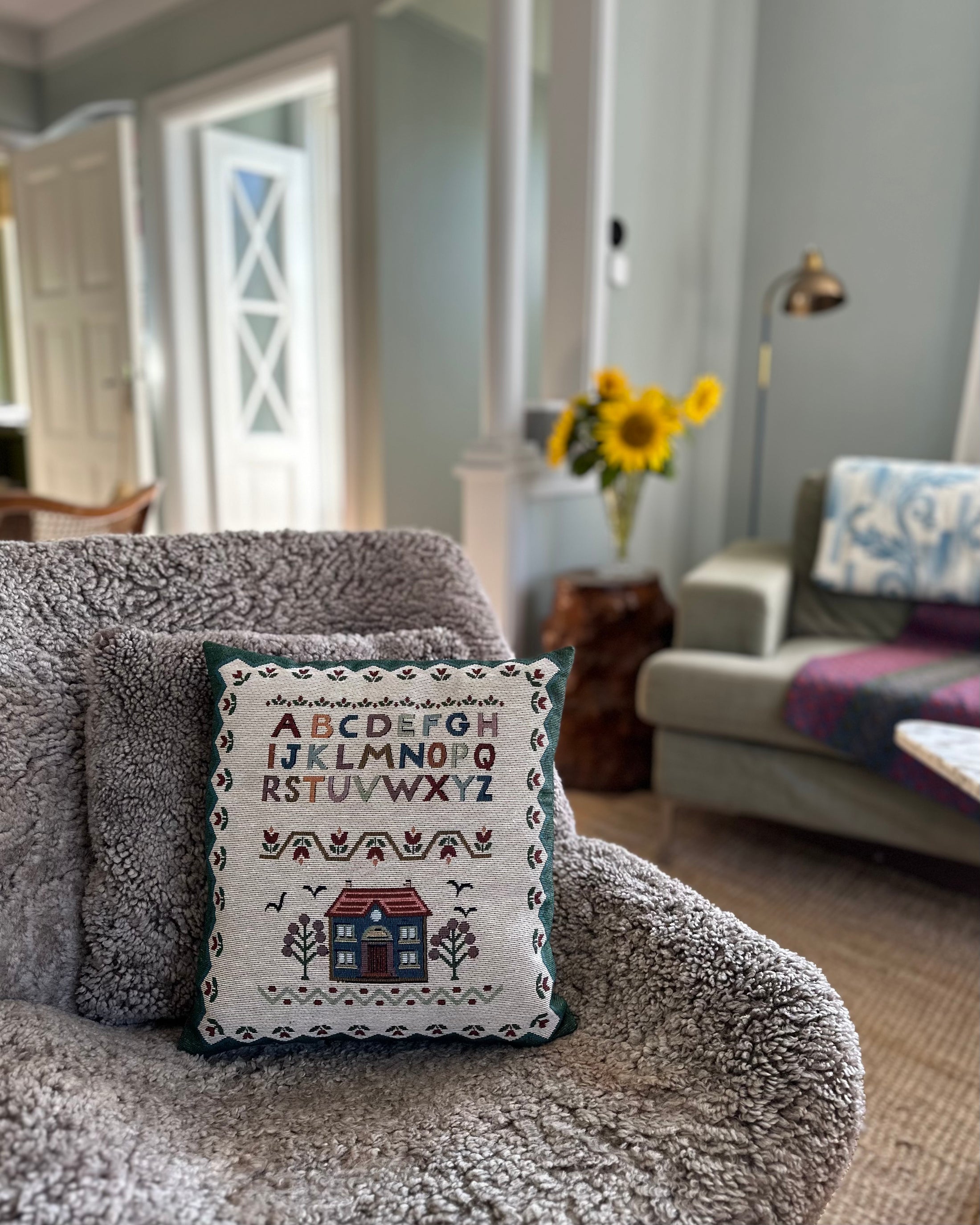 Vintage ABC Cushion with Red Checked Piping