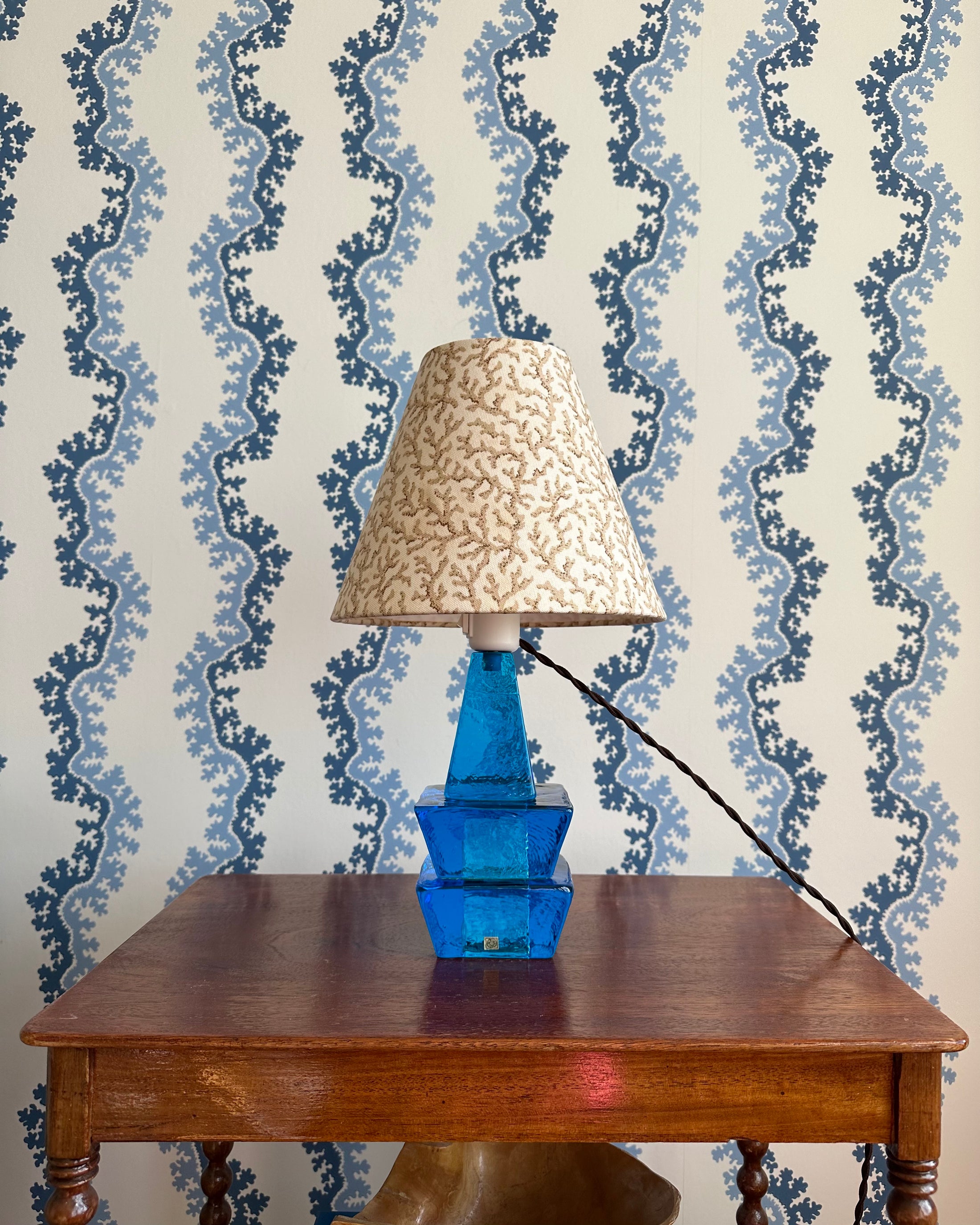 Blue Vintage Table Lamp with Handmade Shade