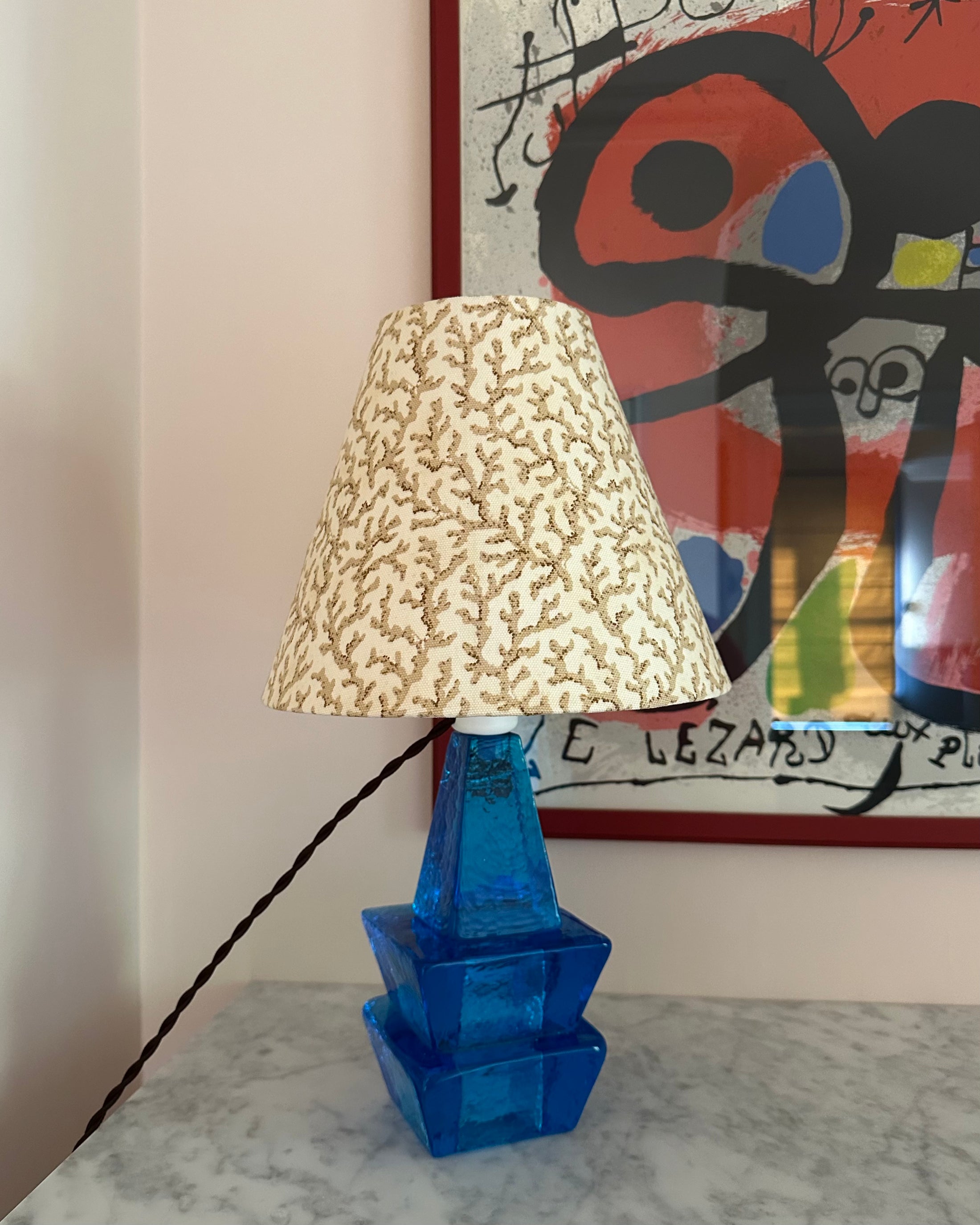 Blue Vintage Table Lamp with Handmade Shade