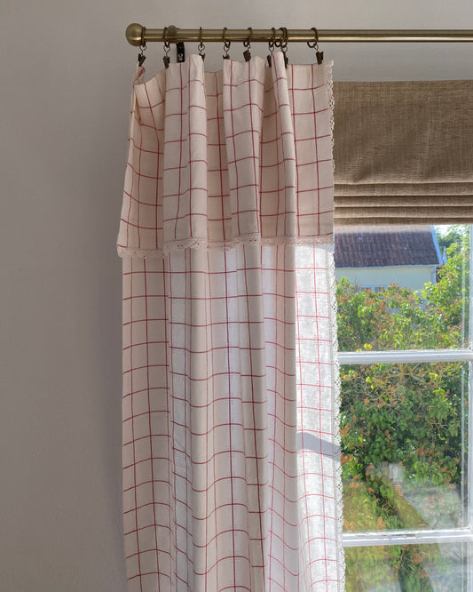 Pair of Vintage Checked Curtains in White and Red