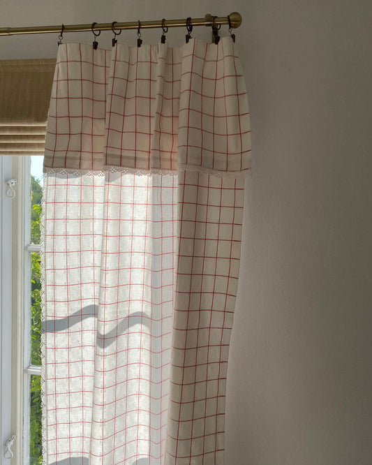 Pair of Vintage Checked Curtains in White and Red