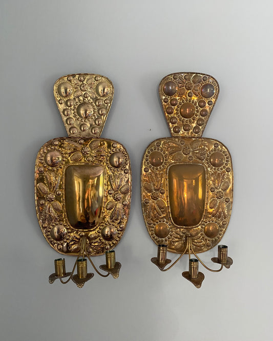 Pair of three - armed brass wall sconces