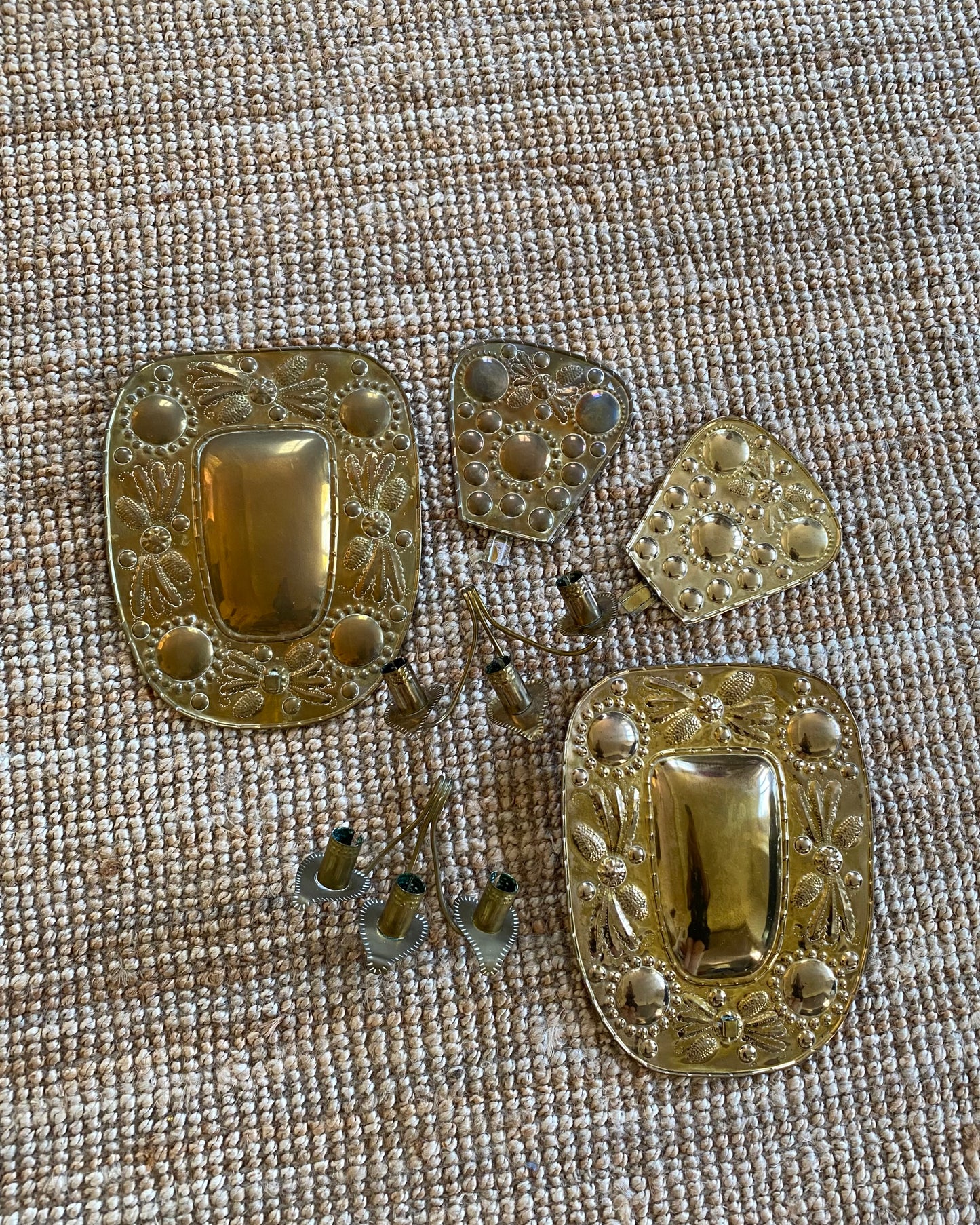 Pair of three - armed brass wall sconces