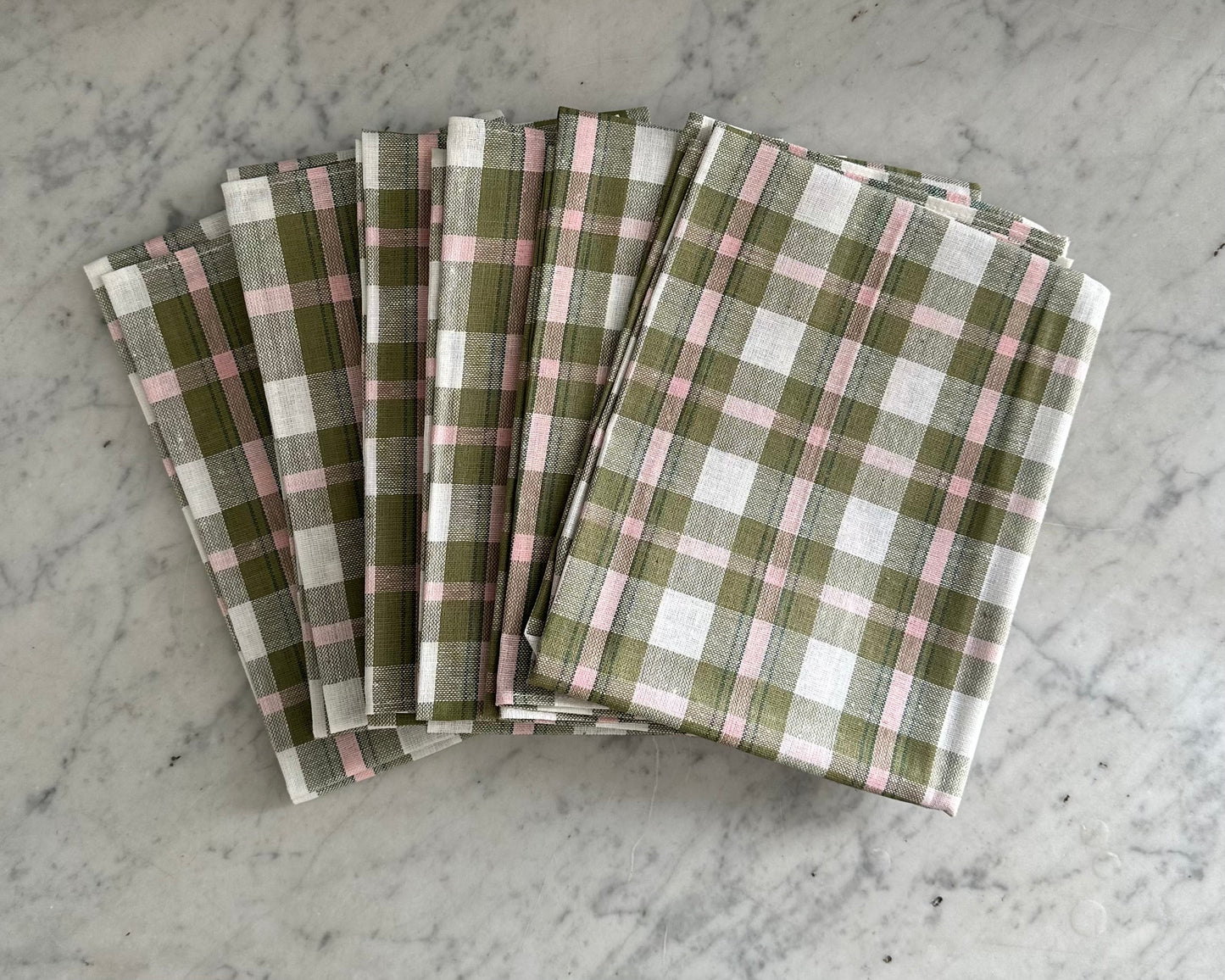 Set of Six Vintage Tea Towels - Pink & Green