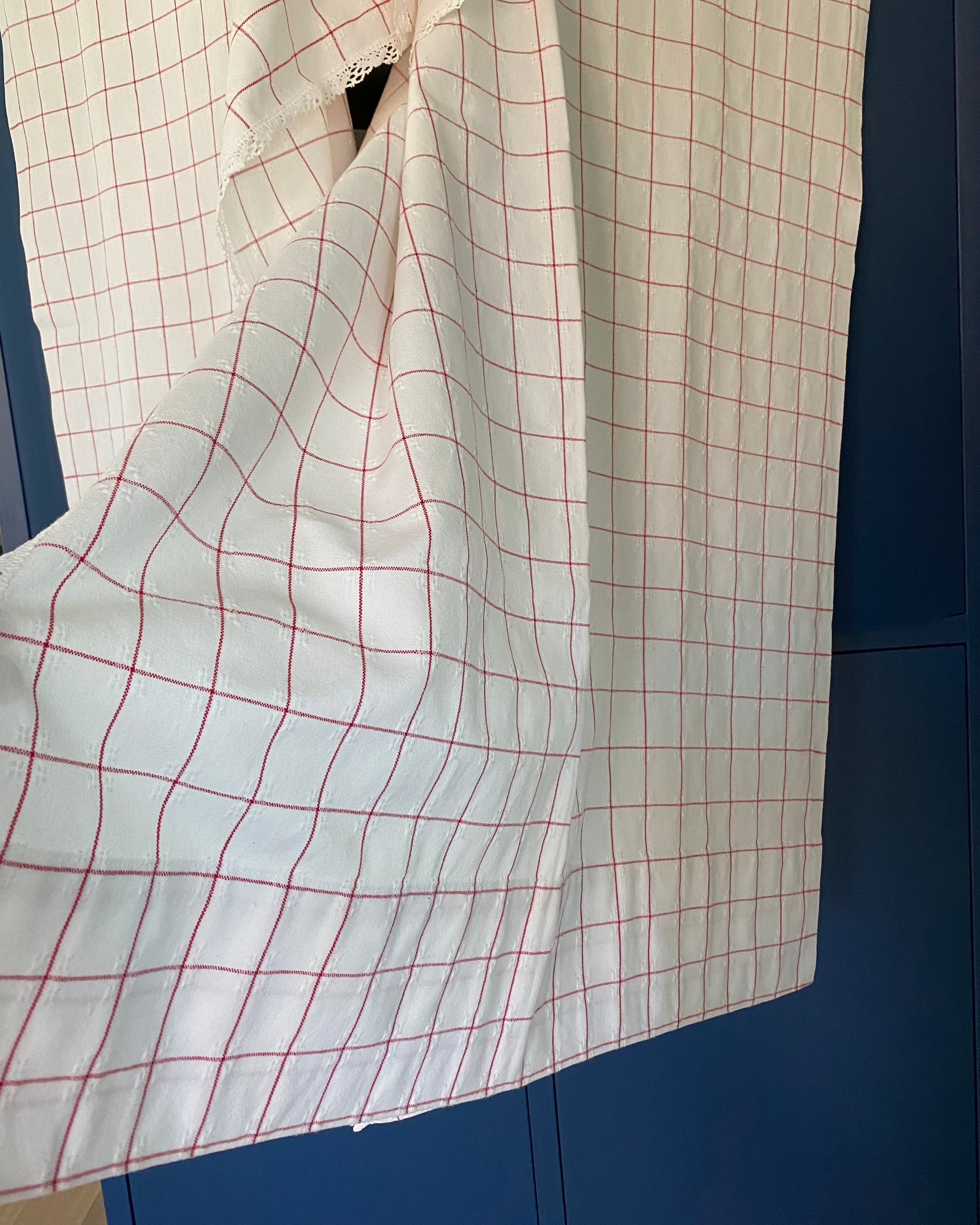 Pair of Vintage Checked Curtains in White and Red
