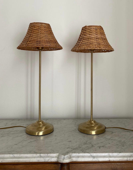 Pair of Brass Table Lamps with Rattan Shades