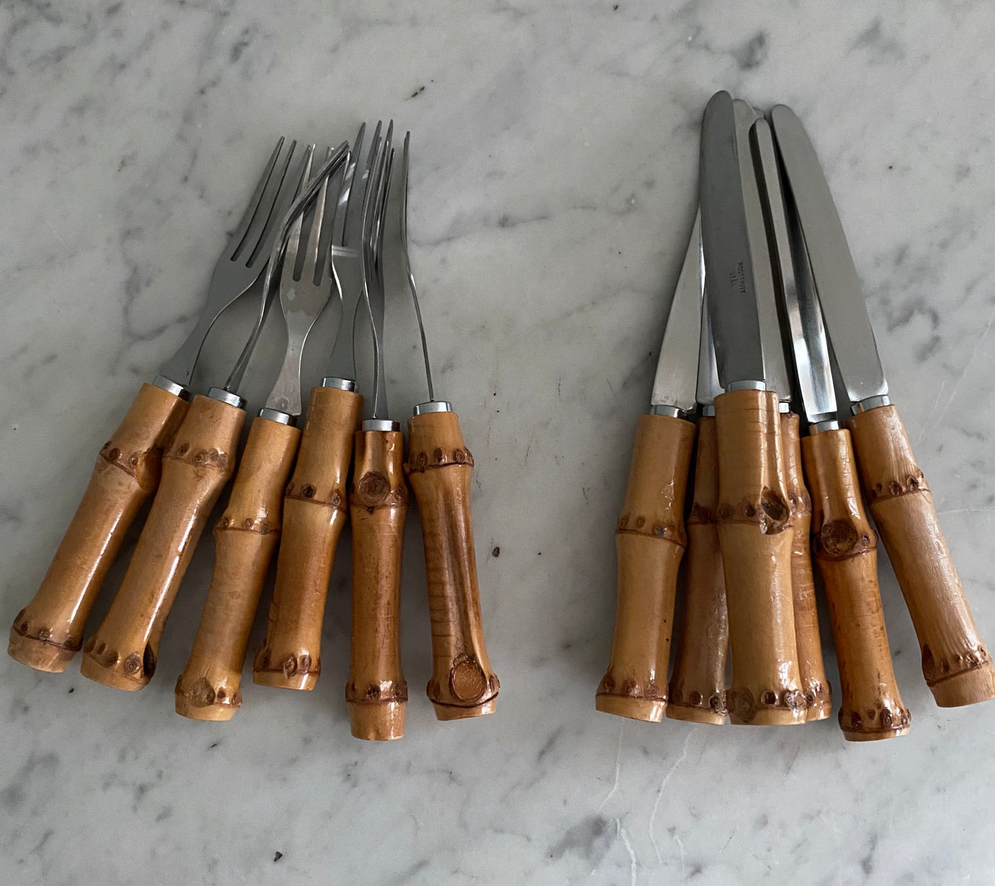 Set of 12 small vintage bamboo forks and knives