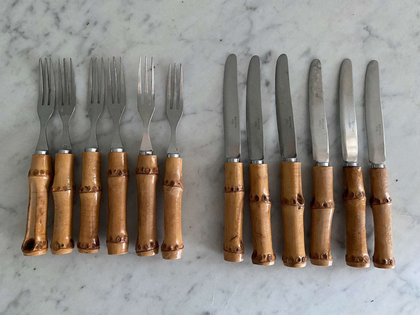 Set of 12 small vintage bamboo forks and knives