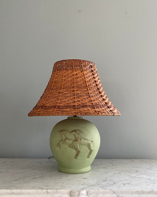 Vintage green table lamp with rattan shade
