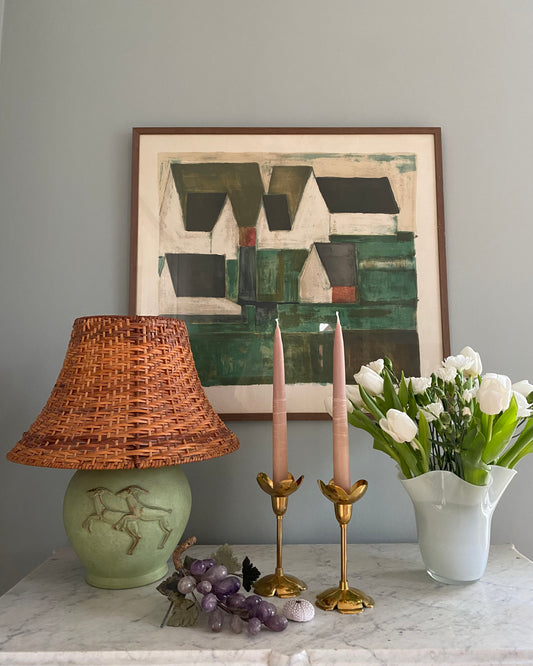 Vintage green table lamp with rattan shade